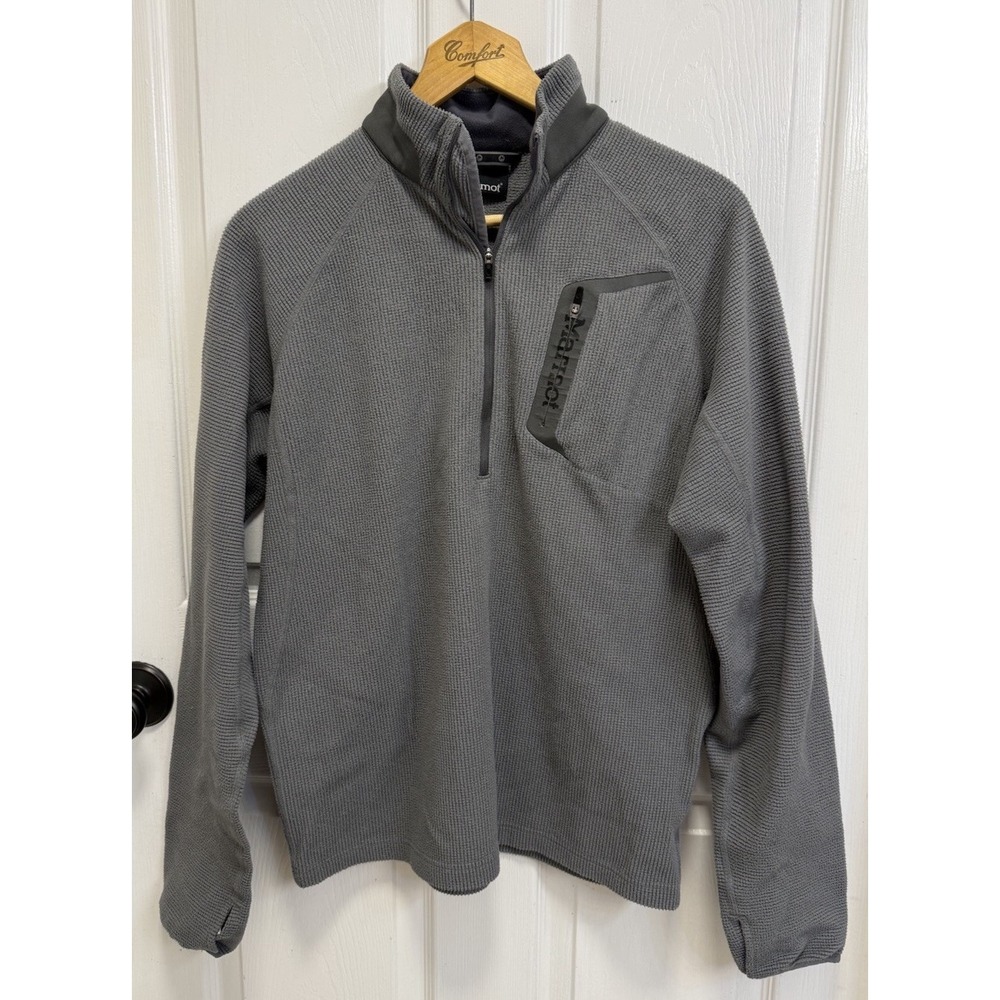 Marmot Men's Medium Gray Ribbed Knit Quarter Zip Fleece Pullover Outdoor Hiking